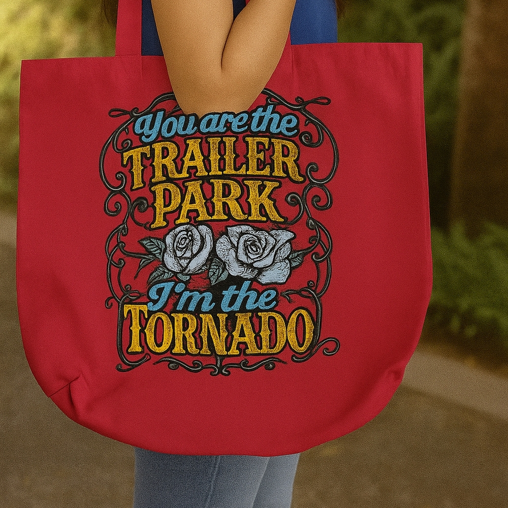 Trailer Park Tornado Tote Bag – Red Canvas Quote Tote with Tattoo Rose Design
